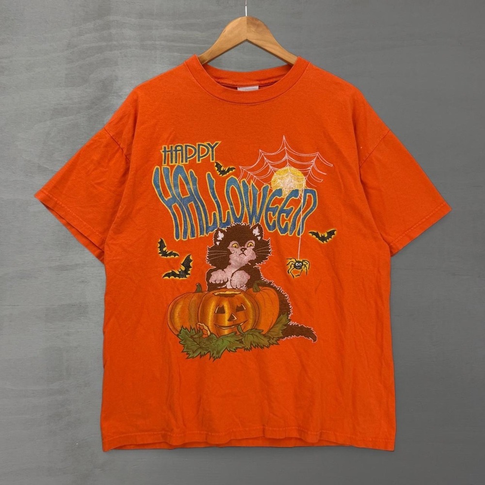 Vintage Bobbie Brooks Halloween T-Shirt Orange Black Cat Pumpkin Graphic XL